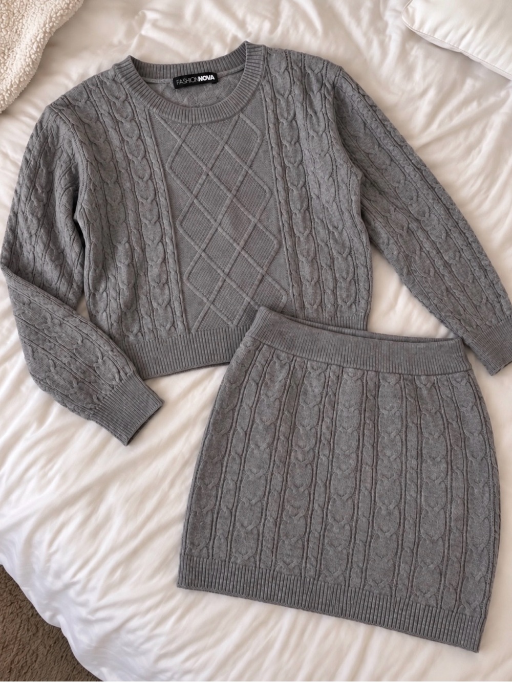 Fashion Nova Gray Cable-Knit Sweater & Mini Skirt Set